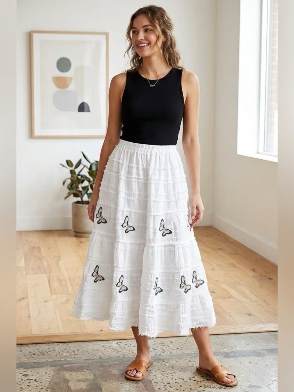 Cotton Butterfly Embroidered Boho Coastal Tiered Medium Skirt